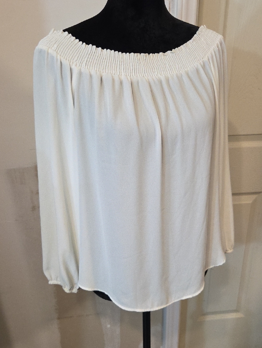 Smocked Neck White Off-Shoulder Blouse Top Open Back Bow Long Sleeve Pleated